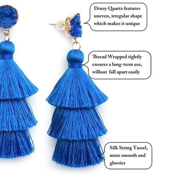 14K Yellow Gold with Blue Silk Thread Tassel and Quartz Druzy Post Drop Earrings - Picture 3 of 8